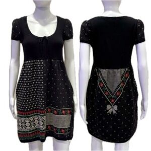 Manoush 100% Wool Puff Sleeve Babydoll Sweater Dress Size M Holiday Pattern Y2K